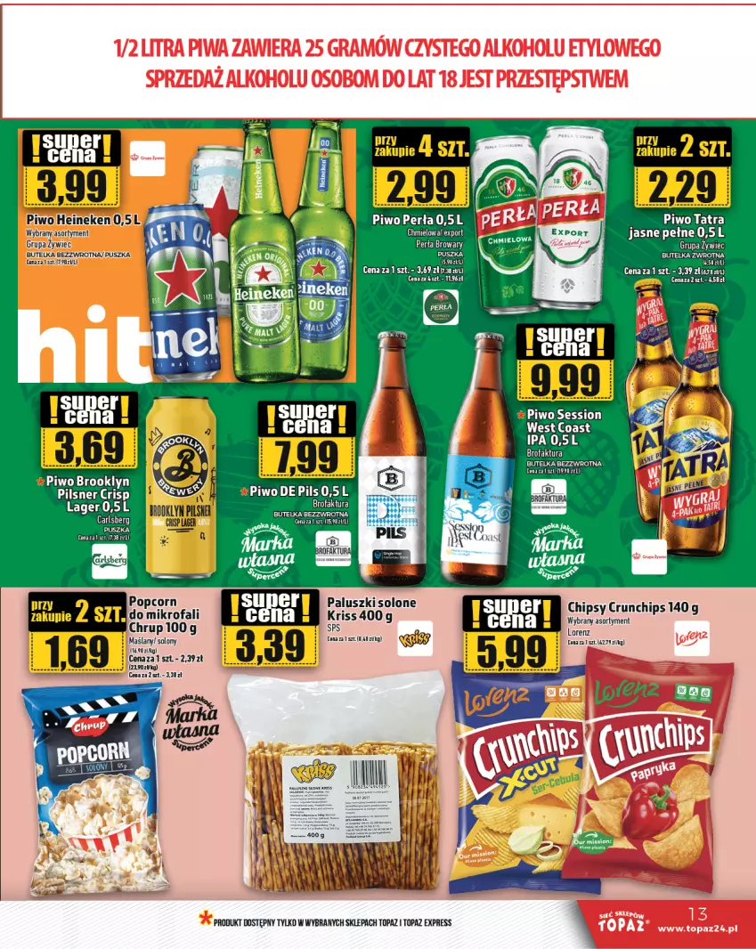 Gazetka promocyjna Topaz - Gazetka - ważna 07.03 do 13.03.2024 - strona 13 - produkty: Carlsberg, Fa, Heineken, Lorenz, Perła, Piwo, Popcorn, Por, SESSIO, Tatra, Top