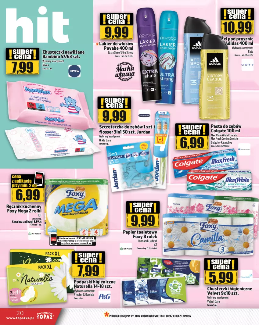 Gazetka promocyjna Topaz - Gazetka - ważna 07.03 do 13.03.2024 - strona 20 - produkty: Adidas, Chusteczki, Colgate, Fa, Foxy, Lakier, LG, Nivea, Palmolive, Papier, Papier toaletowy, Pasta do zębów, Podpaski, Ręcznik, Ręcznik kuchenny, Rolki, Ser, Top, Velvet