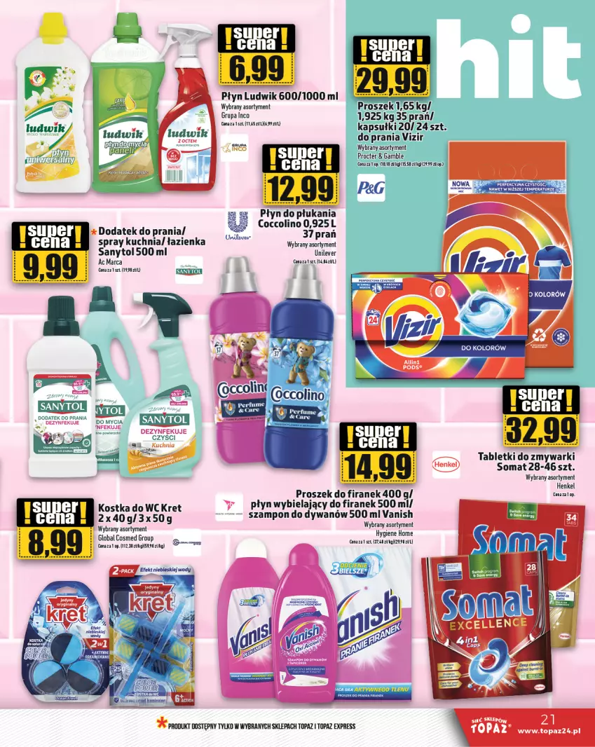 Gazetka promocyjna Topaz - Gazetka - ważna 07.03 do 13.03.2024 - strona 21 - produkty: Dywan, Kostka do wc, Kret, Kuchnia, Ludwik, Sanytol, Somat, Szampon, Tablet, Tabletki do zmywarki, Top, Vanish, Vizir, Zmywarki