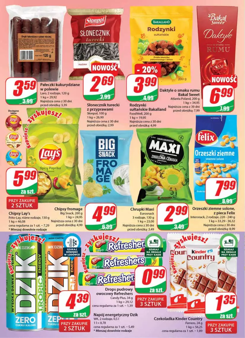 Gazetka promocyjna Dino - Gazetka 46 - ważna 14.11 do 21.11.2023 - strona 18 - produkty: Bakalland, Candy, Chipsy, Chrupki, Daktyle, Felix, Ferrero, Kinder, Napój, Napój energetyczny, Orzeszki, Orzeszki ziemne, Piec, Rodzynki, Rum, Słonecznik turecki