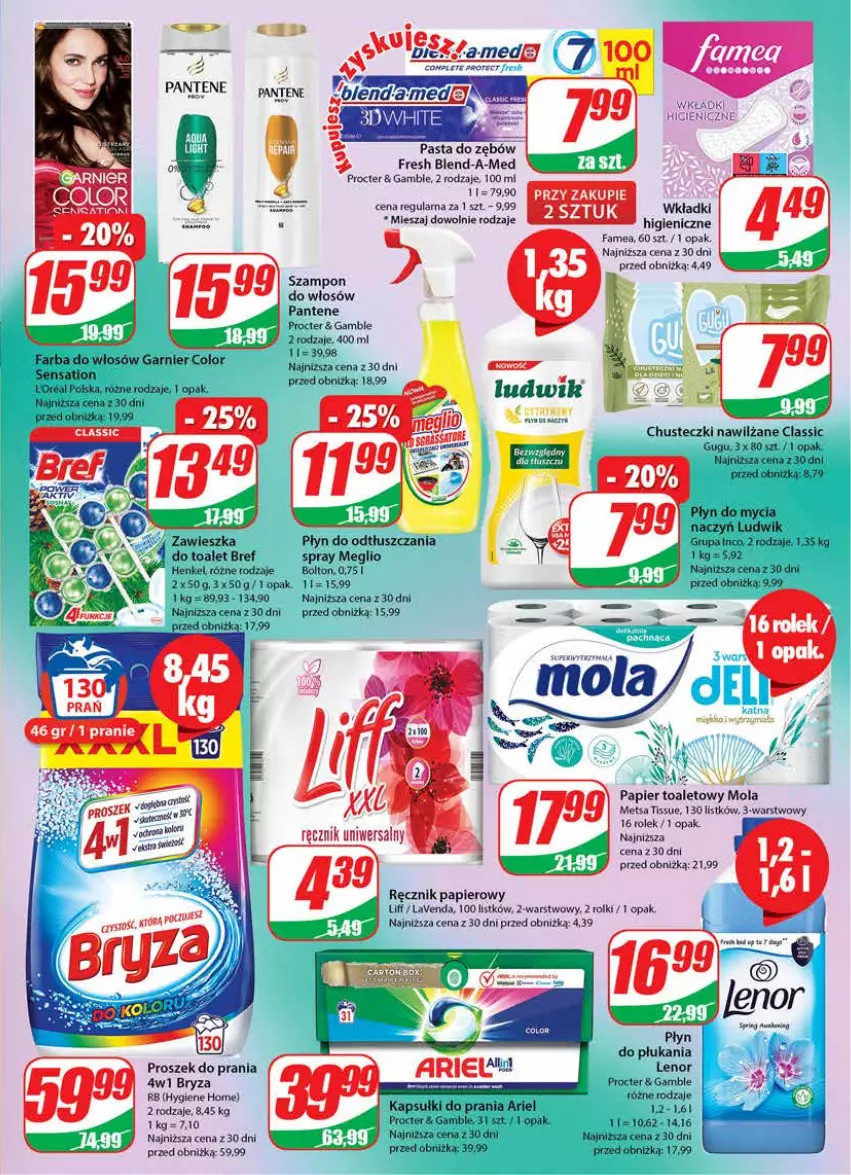 Gazetka promocyjna Dino - Gazetka 46 - ważna 14.11 do 21.11.2023 - strona 23 - produkty: Ariel, Blend-a-Med, Bref, Bryza, Chusteczki, Do mycia naczyń, Fa, Farba do włosów, Garnier, Kapsułki do prania, Lenor, Ludwik, Mola, Pantene, Papier, Papier toaletowy, Pasta do zębów, Płyn do mycia, Płyn do mycia naczyń, Płyn do płukania, Proszek do prania, Ręcznik, Rolki, Sati, Szampon, Wkładki