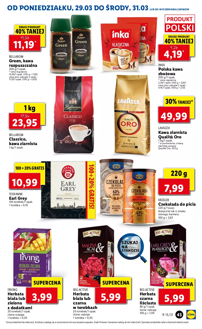 Gazetka promocyjna Lidl - GAZETKA - ważna 29.03 do 31.03.2021 - strona 43 - produkty: Bell, Bella, Czekolada, Earl Grey, Gra, Herbata, Herbata czarna, Inka, Irving, Kawa, Kawa rozpuszczalna, Kawa zbożowa, Kawa ziarnista, Lavazza, Por, Teekanne, Torebka