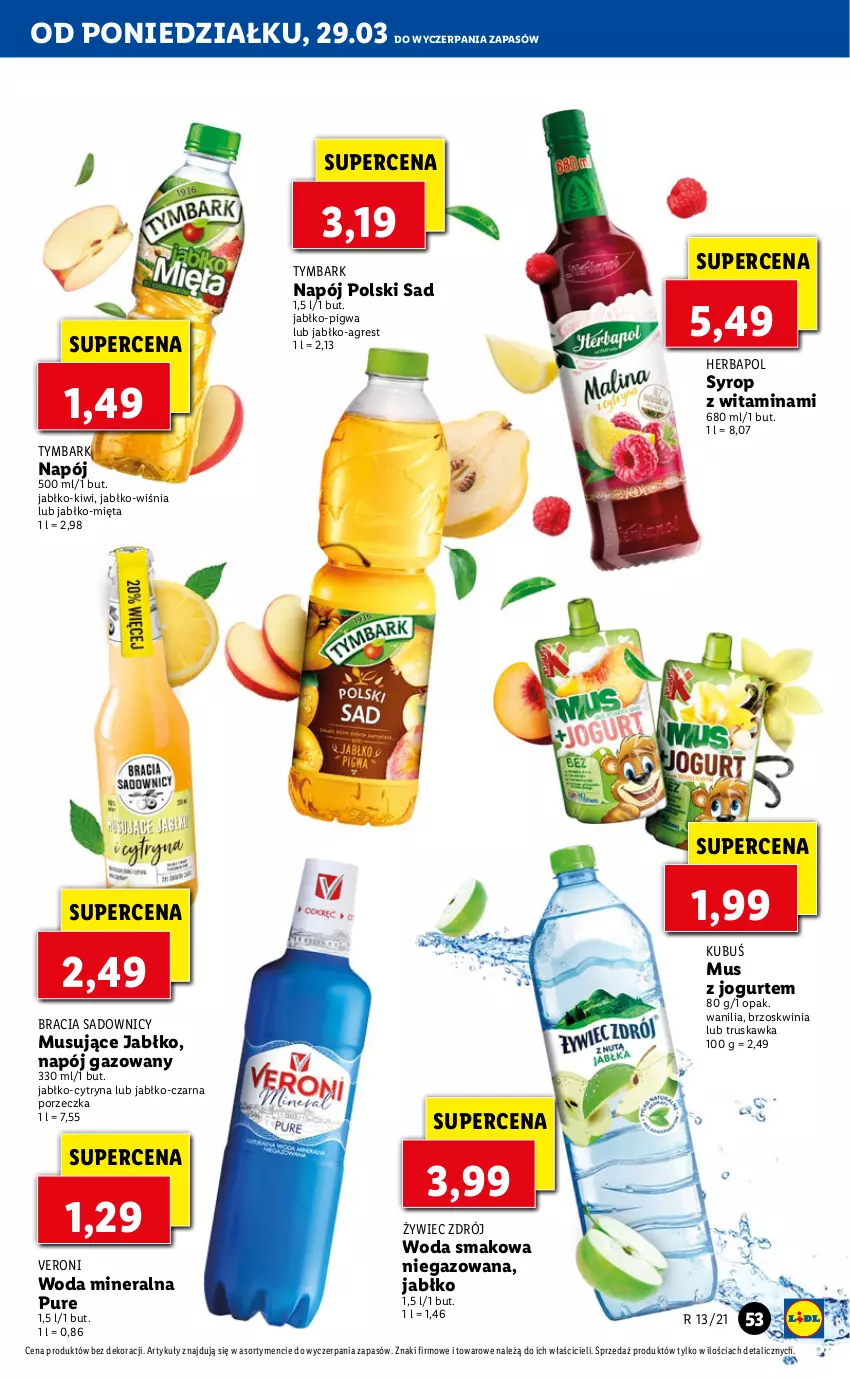 Gazetka promocyjna Lidl - GAZETKA - ważna 29.03 do 31.03.2021 - strona 53 - produkty: Gres, Herbapol, Jogurt, Kiwi, Kubuś, Mięta, Mus, Napój, Napój gazowany, Por, Pur, Syrop, Tymbark, Woda, Woda mineralna