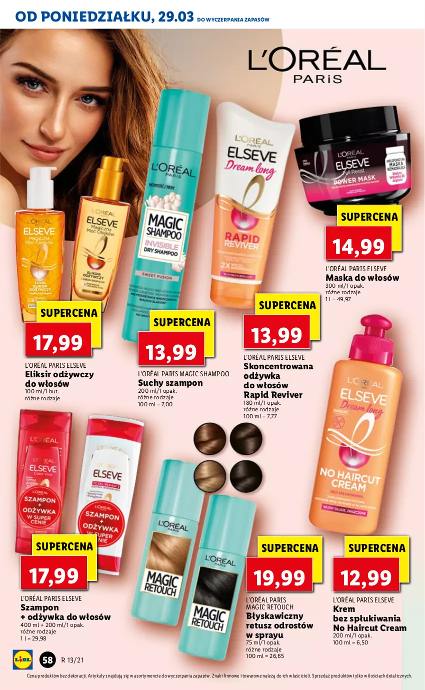 Gazetka promocyjna Lidl - GAZETKA - ważna 29.03 do 31.03.2021 - strona 58 - produkty: Elseve, L’Oréal, Maska, Maska do włosów, Odżywka, Suchy szampon, Szampon, Tusz