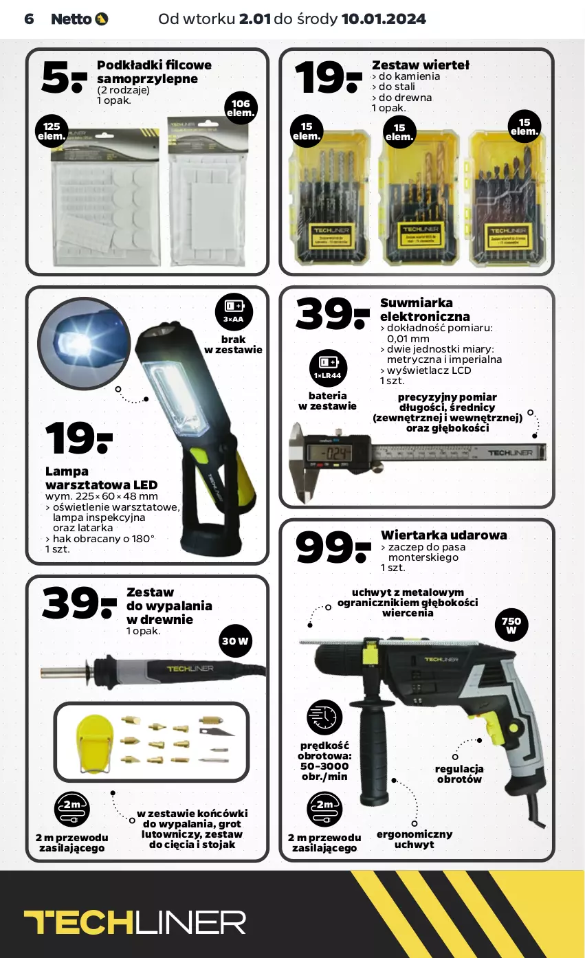 Gazetka promocyjna Netto - Akcesoria i dodatki - ważna 02.01 do 10.01.2024 - strona 6 - produkty: Bateria, Gra, Lampa, Latarka, Miarka, Monte, Mop, Podkład, Stojak, Tarka, Wiertarka, Wiertarka udarowa, Zestaw wierteł