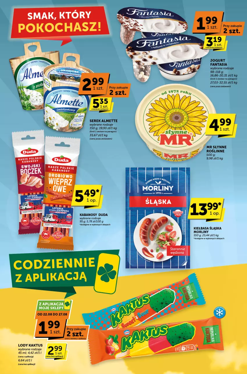 Gazetka promocyjna ABC - ważna 22.08 do 03.09.2024 - strona 2 - produkty: Almette, Duda, Fa, Fanta, Jogurt, Kabanos, Kaktus, Kiełbasa, Kiełbasa śląska, Koc, Lody, Morliny, Ser, Serek, Słynne