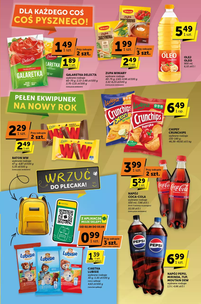 Gazetka promocyjna ABC - ważna 22.08 do 03.09.2024 - strona 3 - produkty: 7up, Baton, Chipsy, Ciastka, Coca-Cola, Crunchips, Delecta, Gala, Galaretka, Lubisie, Mirinda, Napój, Olej, Oleo, Pepsi, Winiary, Zupa