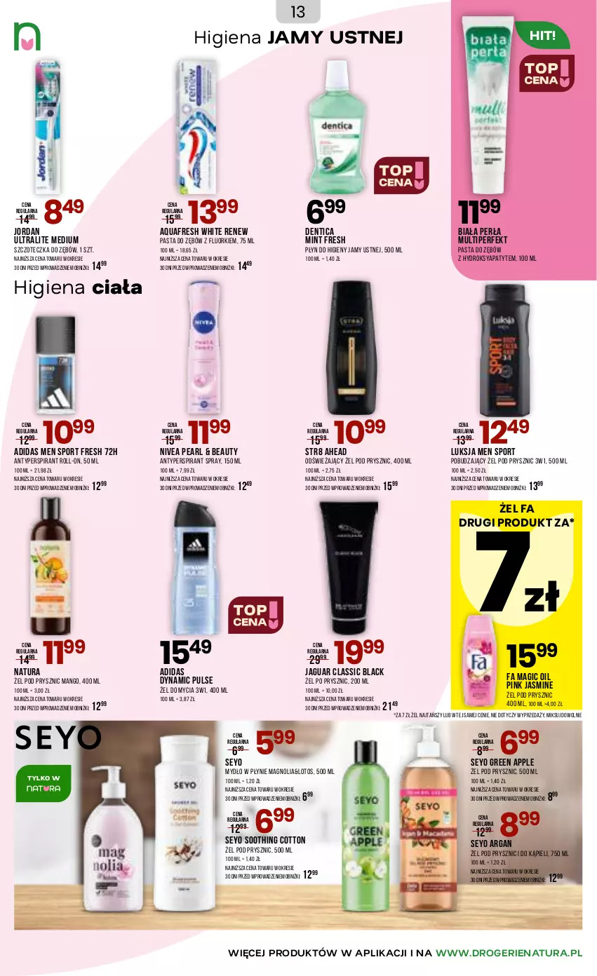 Gazetka promocyjna Drogerie Natura - Gazetka Drogerie Natura - ważna 20.01 do 02.02.2026 - strona 13 - produkty: Adidas, Antyperspirant, Aquafresh, Fa, Higiena jamy ustnej, Jaguar, Lack, Luksja, Mango, Mydło, Mydło w płynie, Nivea, Pasta do zębów, Perła, Por, Sport, Str8, Szczoteczka, Szczoteczka do zębów