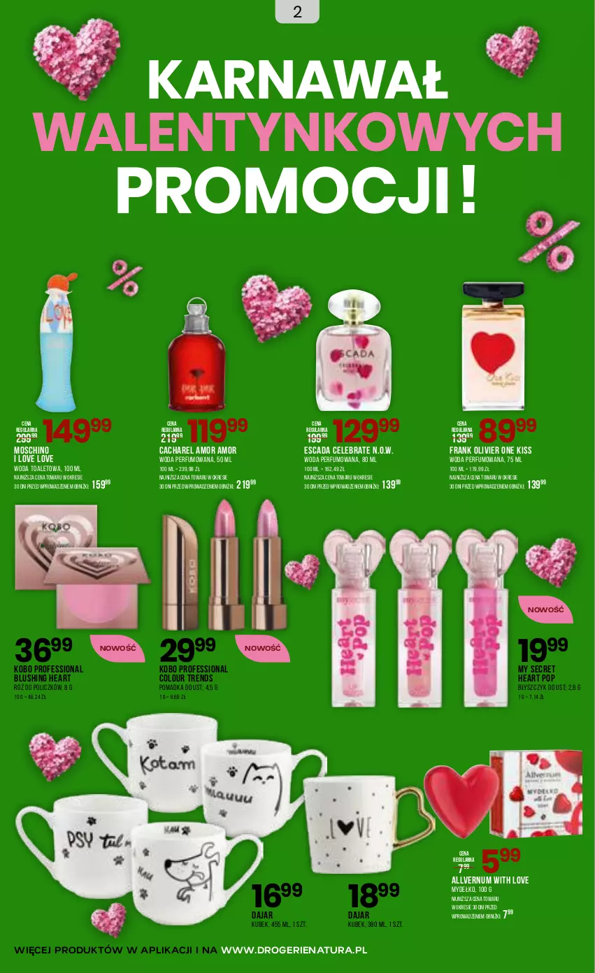 Gazetka promocyjna Drogerie Natura - Gazetka Drogerie Natura - ważna 20.01 do 02.02.2026 - strona 2 - produkty: Błyszczyk do ust, Cacharel, Escada, KOBO, Kubek, Moschino, Perfum, Róż do policzków, Woda, Woda perfumowana, Woda toaletowa