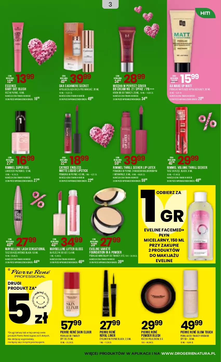 Gazetka promocyjna Drogerie Natura - Gazetka Drogerie Natura - ważna 20.01 do 02.02.2026 - strona 3 - produkty: Bell, Błyszczyk do ust, Catrice, DAX, Eveline, Fa, Foundation, Krem bb, Lack, Lakier, Lakier do paznokci, Makijaż, Maybelline, MISSHA, Pierre René, Płyn micelarny, Podkład, Podkład do twarzy, Róż do policzków, Sati, Tusz