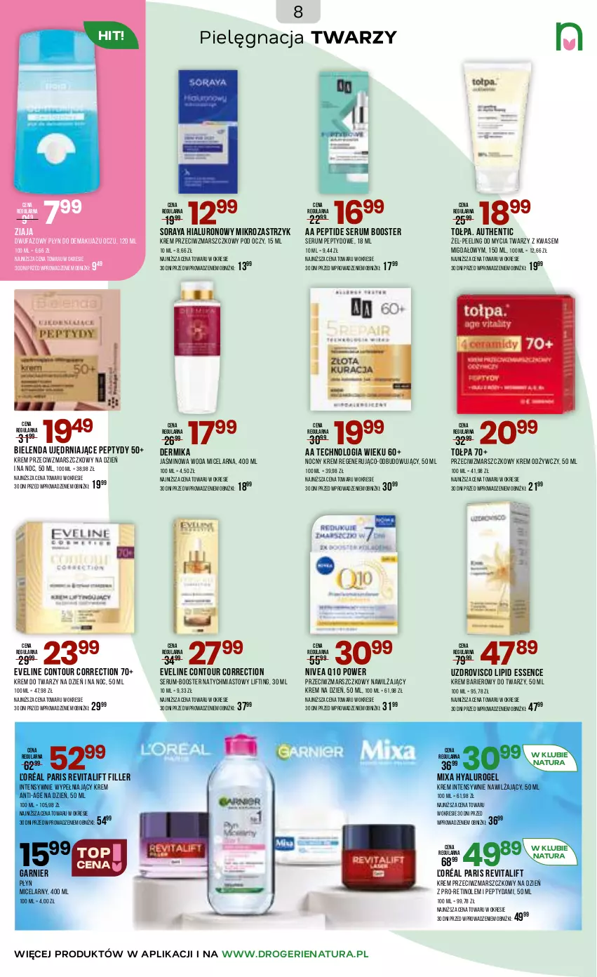 Gazetka promocyjna Drogerie Natura - Gazetka Drogerie Natura - ważna 20.01 do 02.02.2026 - strona 8 - produkty: Bielenda, Booster, Dermika, Eveline, Fa, Garnier, Krem do twarzy, Krem na dzień, Krem odżywczy, Krem przeciwzmarszczkowy, Makijaż, Mars, Mixa, Nivea, Nivea Q10, Peeling, Płyn micelarny, Rum, Ser, Serum, Tołpa, Woda, Woda micelarna, Ziaja