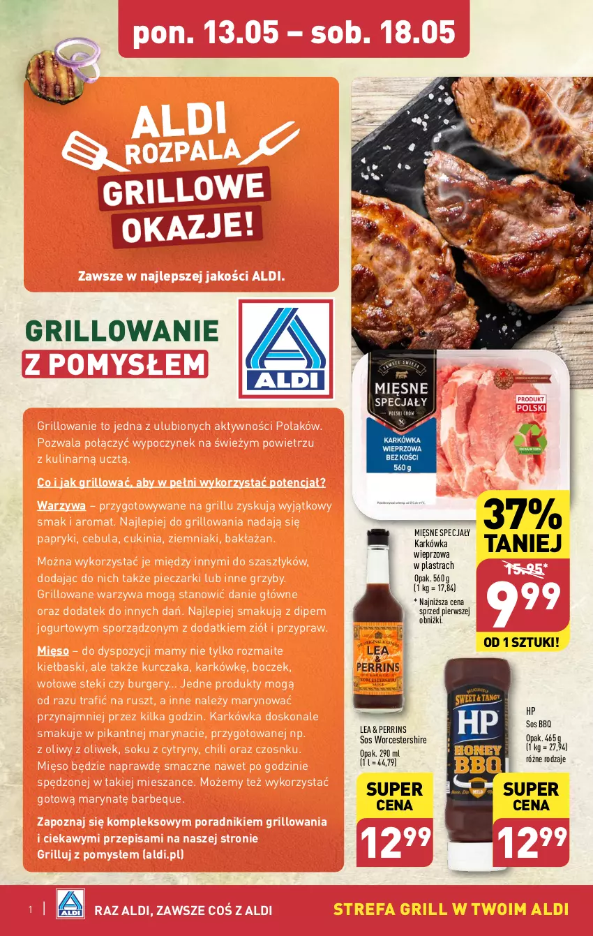 Gazetka promocyjna Aldi - Zaczynamy sezon grillowy - ważna 13.05 do 18.05.2024 - strona 1 - produkty: Boczek, Burger, Cebula, Cytryny, Fa, Grill, Grzyby, HP, Jogurt, Karkówka wieprzowa, Kurczak, Mięsne specjały, Mięso, Piec, Por, Sok, Sos, Stek, Warzywa, Ziemniaki