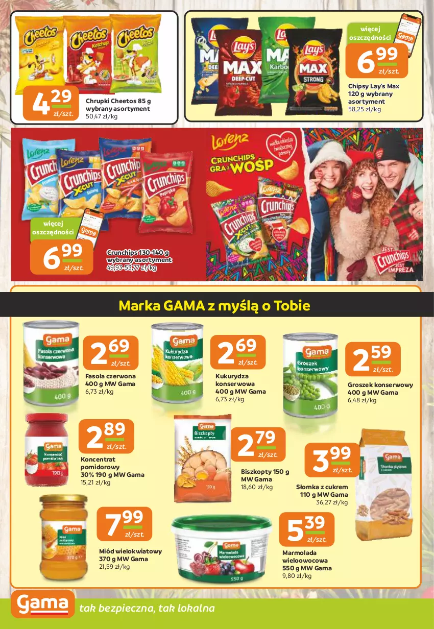 Gazetka promocyjna Gama - Gazetka Gama - ważna 28.11 do 10.12.2024 - strona 12 - produkty: Biszkopty, Cheetos, Chipsy, Chrupki, Crunchips, Fa, Fasola, Groszek, Koncentrat pomidorowy, Kukurydza, Kukurydza konserwowa, Marmolada, Miód, Mola, Piec, Ser