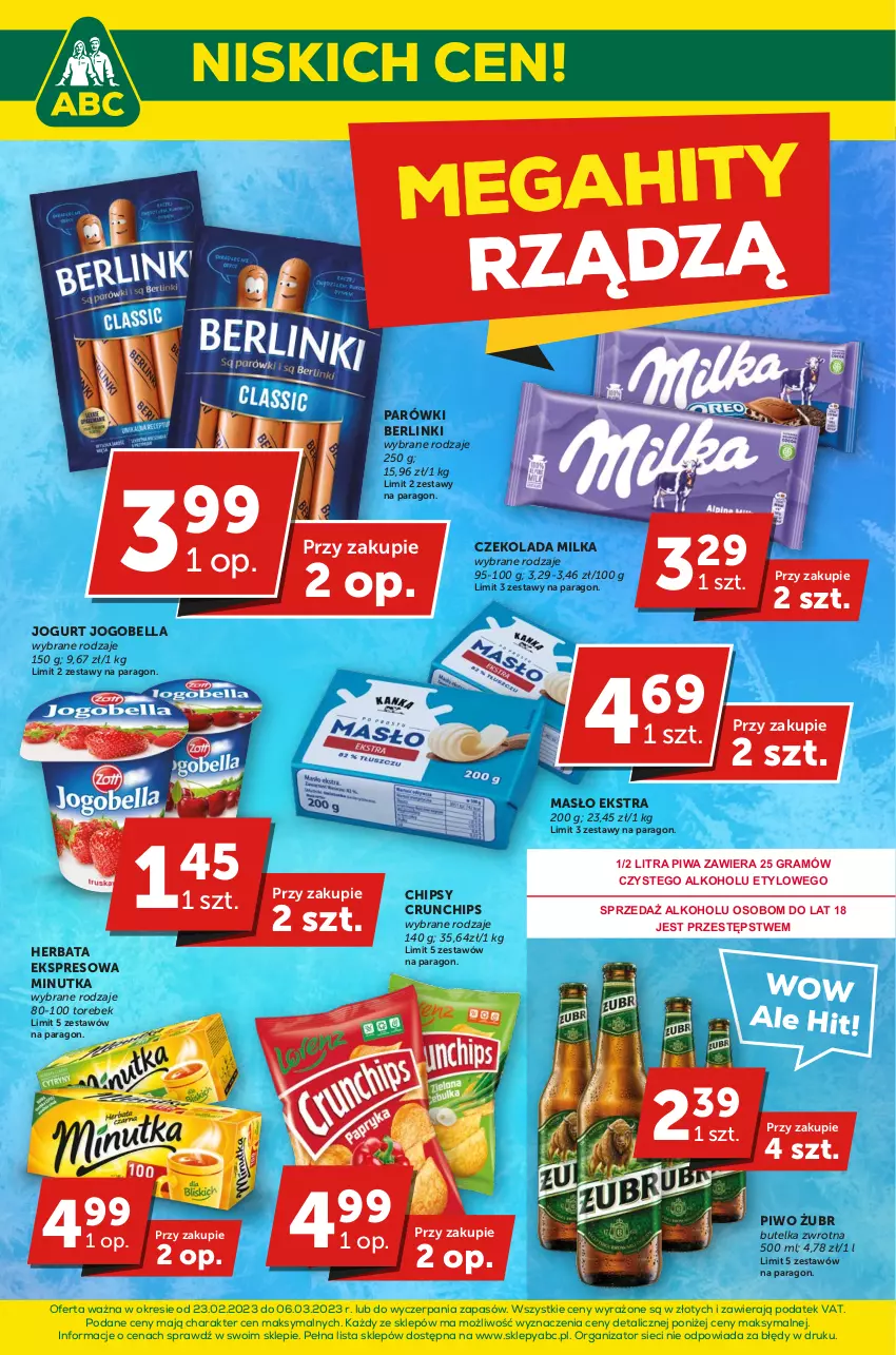 Gazetka promocyjna ABC - Gazetka - ważna 24.02 do 09.03.2023 - strona 1 - produkty: Bell, Bella, Berlinki, Chipsy, Crunchips, Czekolada, Gra, Herbata, Jogobella, Jogurt, Masło, Milka, Parówki, Piwa, Piwo