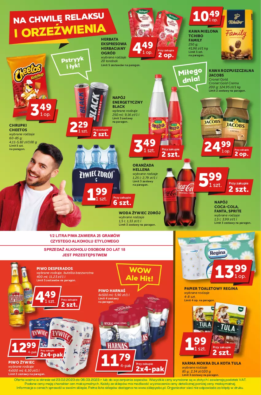 Gazetka promocyjna ABC - Gazetka - ważna 24.02 do 09.03.2023 - strona 4 - produkty: Cheetos, Chrupki, Coca-Cola, Desperados, Fa, Fanta, Gin, Gra, Harnaś, Hellena, Herbata, Jacobs, Kawa, Kawa mielona, Kawa rozpuszczalna, Lack, Napój, Napój energetyczny, Ogród, Oranżada, Papier, Papier toaletowy, Piwa, Piwo, Sprite, Tchibo, Tchibo Family, Woda