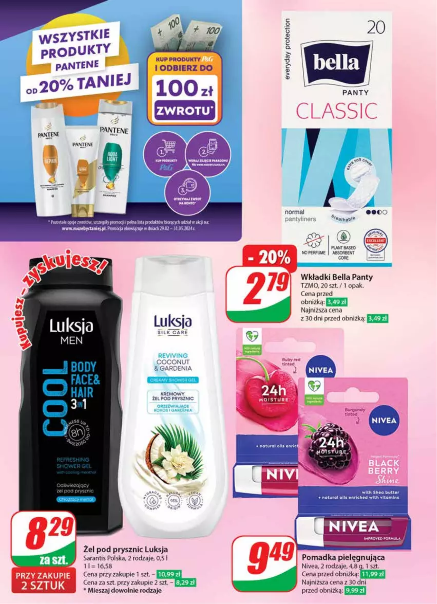 Gazetka promocyjna Dino - Gazetka 17 / 2024 - ważna 24.04 do 30.04.2024 - strona 64 - produkty: Bell, Bella, Luksja, Nivea, Pantene, Perfum, Wkładki