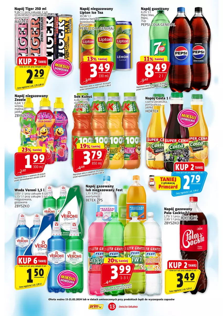 Gazetka promocyjna Prim Market - ważna 15.02 do 21.02.2024 - strona 13 - produkty: Herbata, Hortex, Ice tea, Lipton, Napój, Napój gazowany, Napój niegazowany, Pepsi, Pepsi max, Por, Tiger, Woda