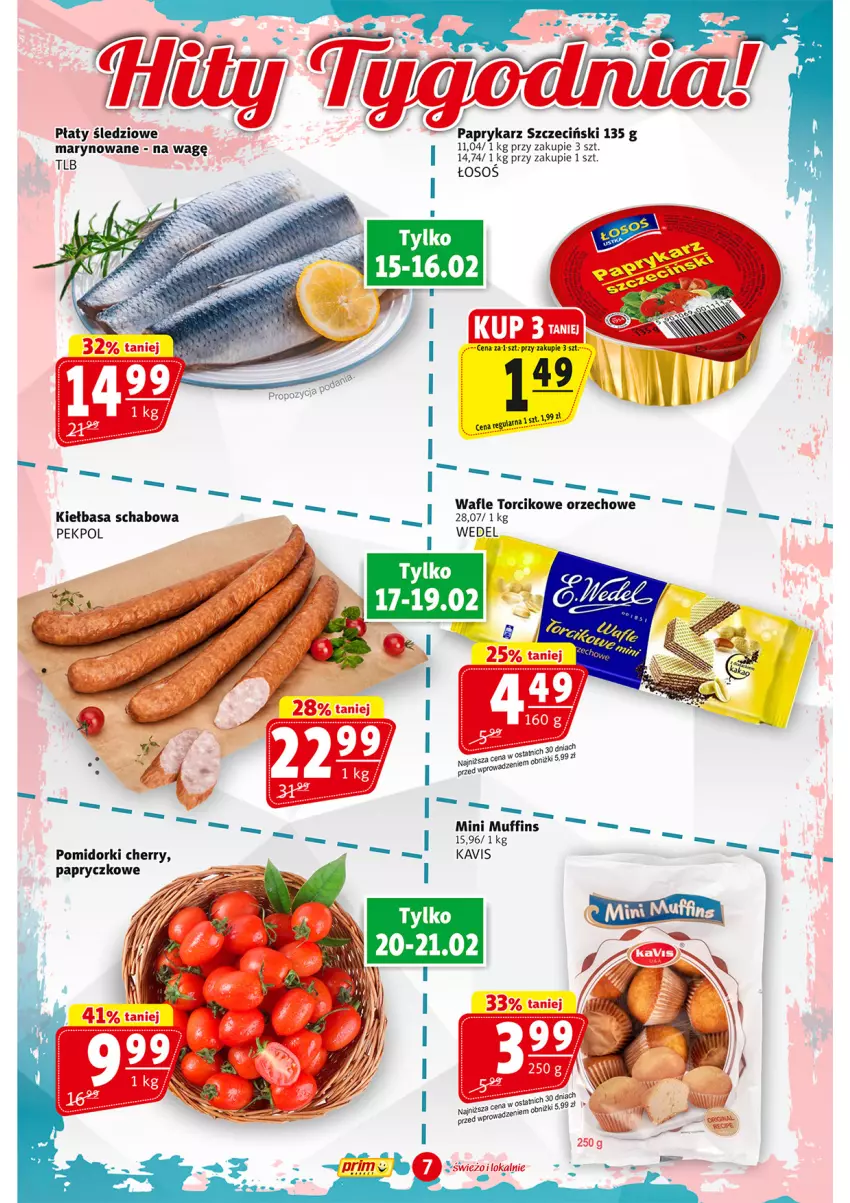 Gazetka promocyjna Prim Market - ważna 15.02 do 21.02.2024 - strona 7 - produkty: Kiełbasa, Kiełbasa schabowa, Papryka, Paprykarz, Paprykarz szczeciński, Pekpol, Płaty śledziowe, Pomidorki, Wafle