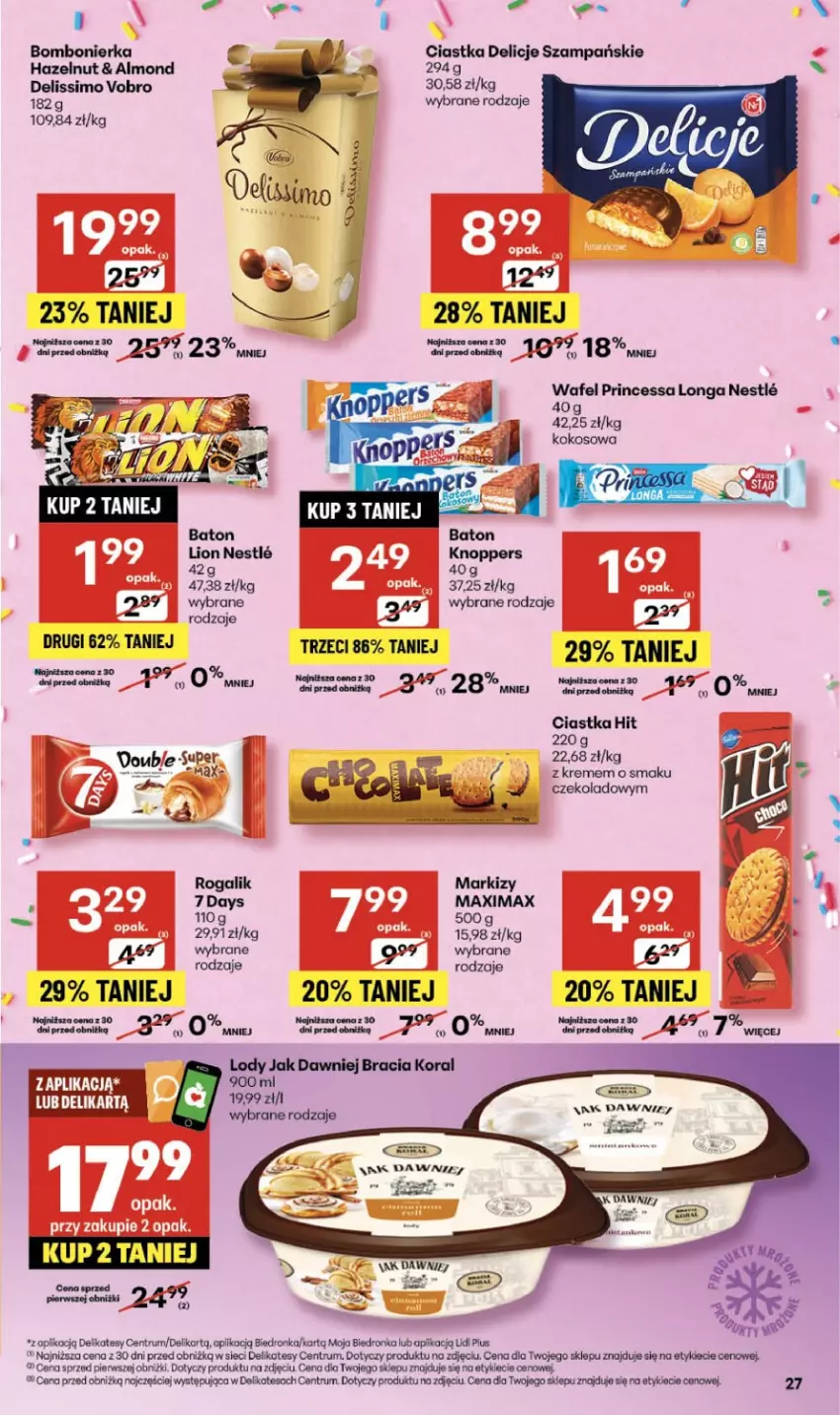 Gazetka promocyjna Delikatesy Centrum - Franczyza DC45 Czwartek - ważna 06.11 do 12.11.2025 - strona 27 - produkty: 7 Days, BIC, Ciastka, Delicje, Deliss, Dron, Knoppers, Kokos, Lion, Lody, Mango, Princessa, Rogal, Rum
