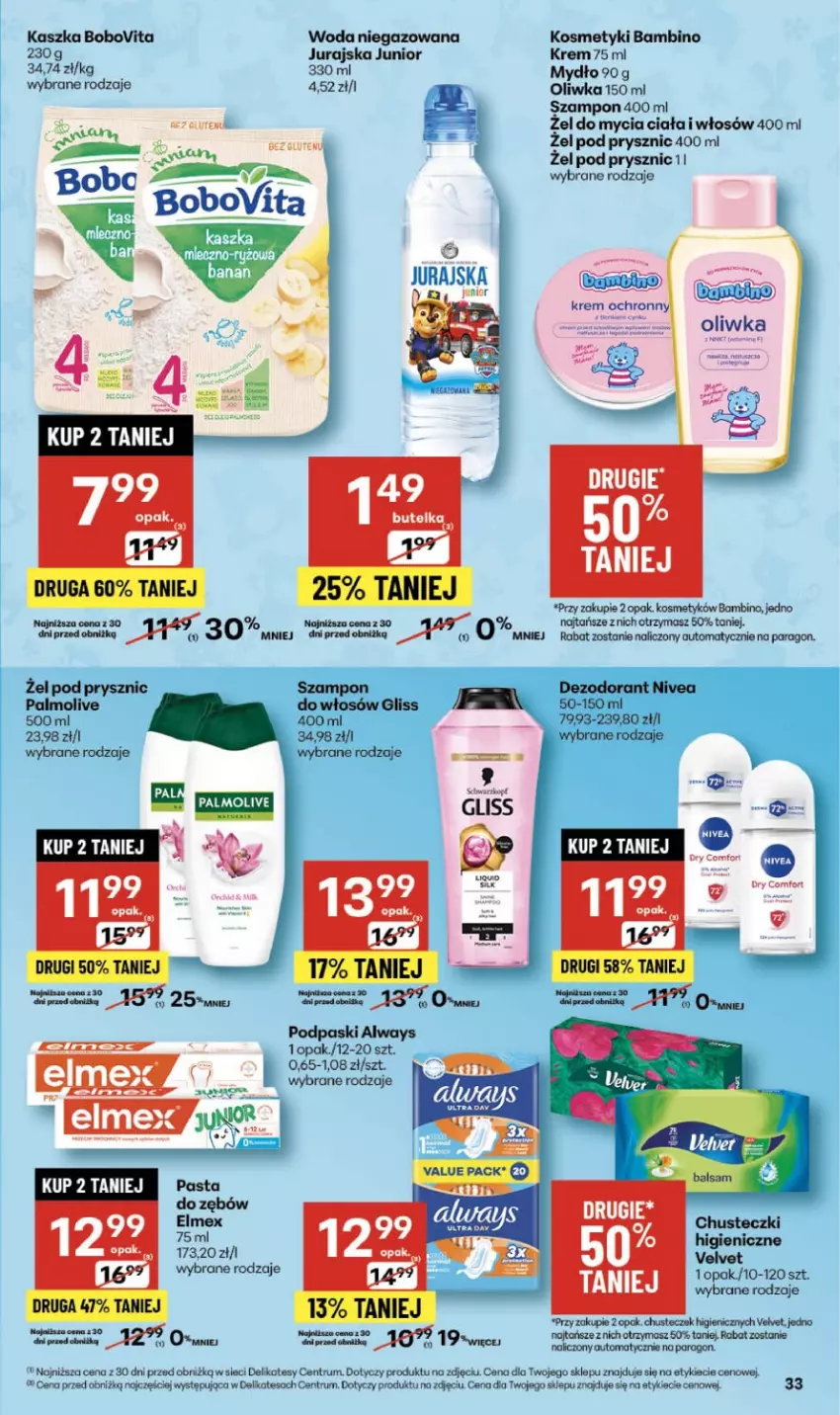 Gazetka promocyjna Delikatesy Centrum - Franczyza DC45 Czwartek - ważna 06.11 do 12.11.2025 - strona 33 - produkty: Always, BoboVita, Chusteczki, Dezodorant, Elmex, Mydło, Nivea, Palmolive, Pasta do zębów, Podpaski, Por, Rum, Szampon, Velvet, Woda, Woda niegazowana