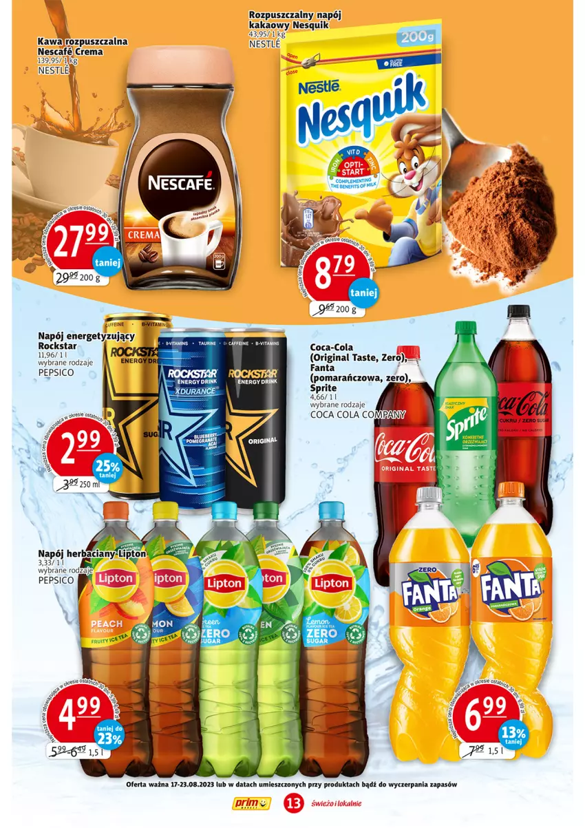 Gazetka promocyjna Prim Market - ważna 17.08 do 23.08.2023 - strona 13 - produkty: Coca-Cola, Gin, Kakao, Kawa, LG, Napój, Nesquik, Pepsi