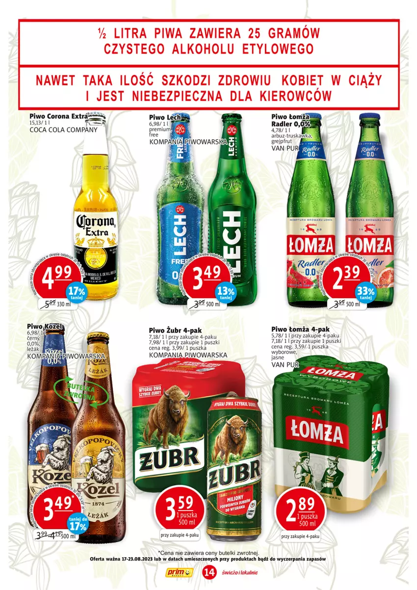 Gazetka promocyjna Prim Market - ważna 17.08 do 23.08.2023 - strona 14 - produkty: Arbuz, BIC, Corona Extra, Grejpfrut, Piwo, Pur, Radler, Rosie