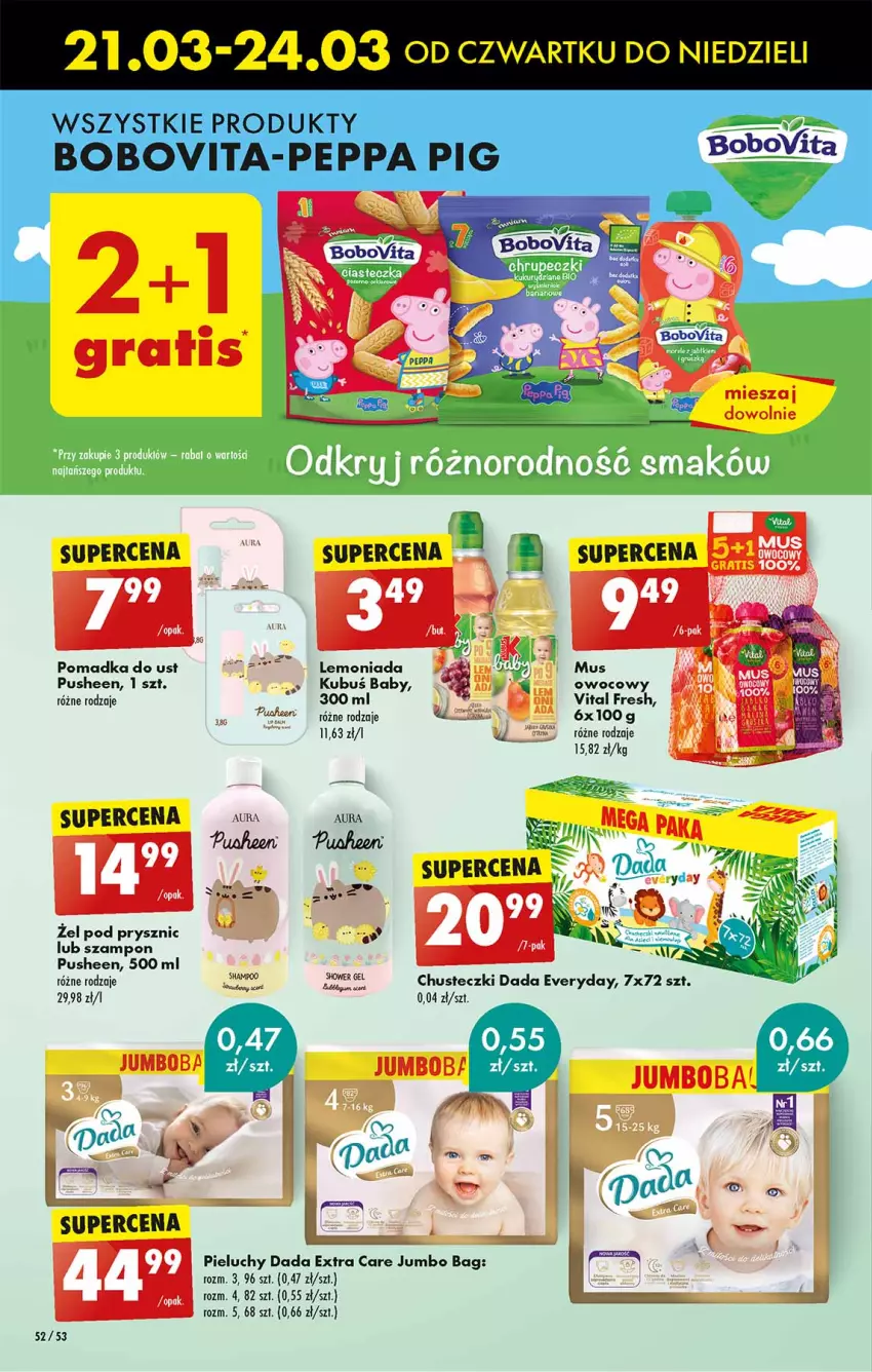 Gazetka promocyjna Biedronka - Od czwartku - ważna 21.03 do 27.03.2024 - strona 52 - produkty: BoboVita, Chusteczki, Dada, Kubuś, Lemoniada, O Bag, Pieluchy, Szampon