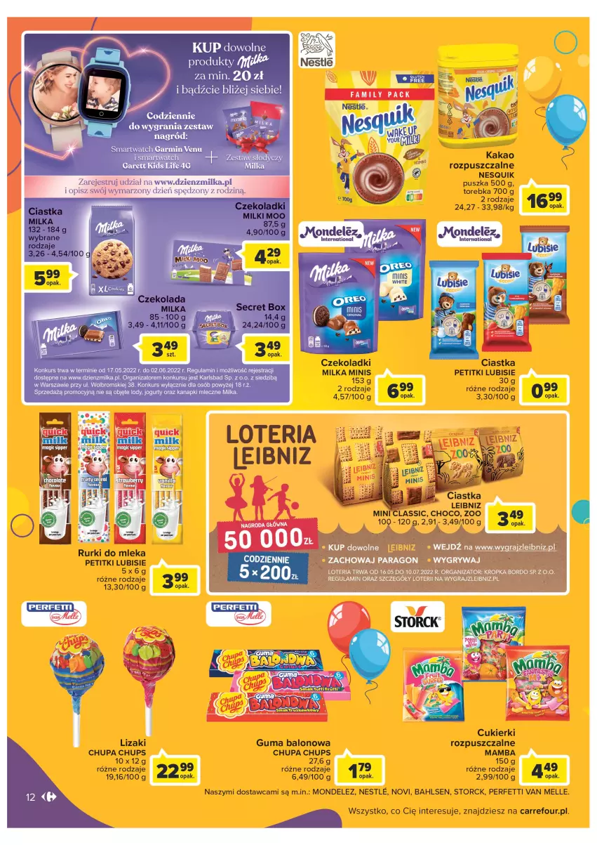 Gazetka promocyjna Carrefour - Gazetka Dzień Dziecka - ważna 16.05 do 01.06.2022 - strona 12 - produkty: Chupa Chups, Ciastka, Cukier, Cukierki, Gra, Gry, Jogurt, Kakao, Lizaki, Lody, Lubisie, Mamba, Milka, Nesquik, Rurki, Smartwatch, Torebka