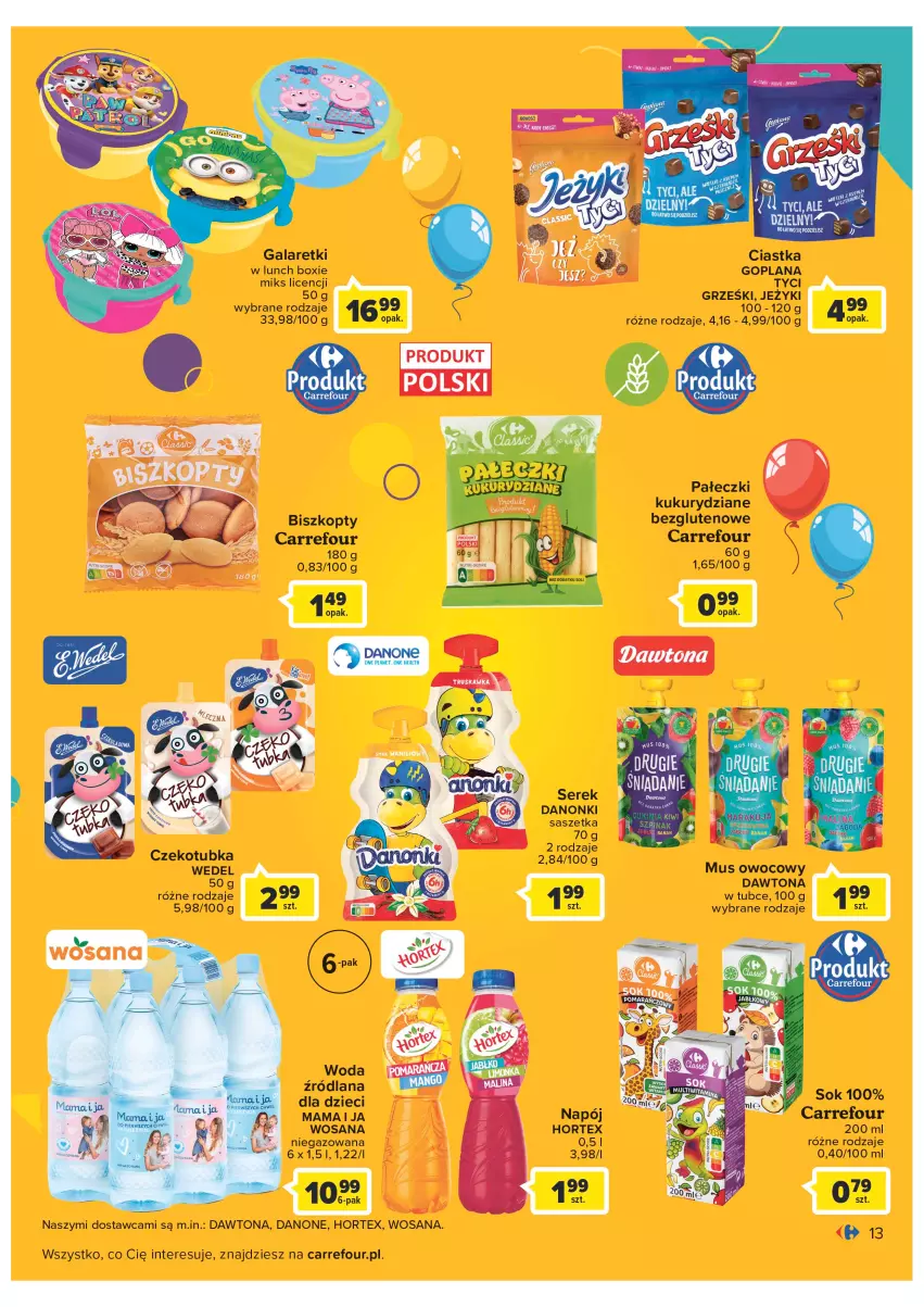 Gazetka promocyjna Carrefour - Gazetka Dzień Dziecka - ważna 16.05 do 01.06.2022 - strona 13 - produkty: Biszkopty, Danone, Danonki, Dawtona, Dzieci, Gala, Galaretki, Grześki, Hortex, Jeżyki, LANA, Lunch box, Mus, Napój, Ser, Serek, Woda, Wosana