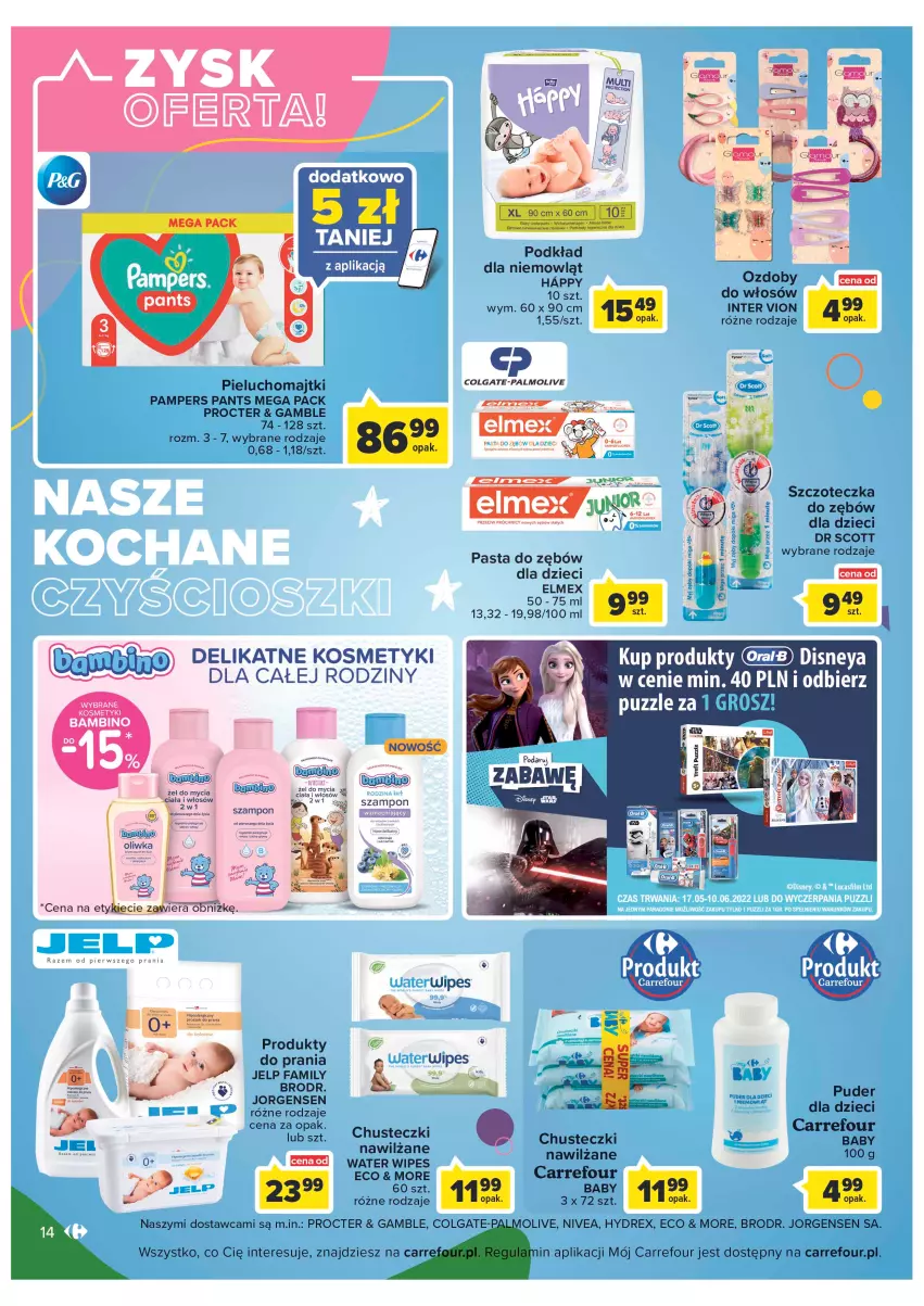 Gazetka promocyjna Carrefour - Gazetka Dzień Dziecka - ważna 16.05 do 01.06.2022 - strona 14 - produkty: Chusteczki, Colgate, Dzieci, Elmex, Fa, LG, Majtki, Nivea, Pampers, Pasta do zębów, Pieluchomajtki, Podkład, Puder, Rama, Ser, Szampon