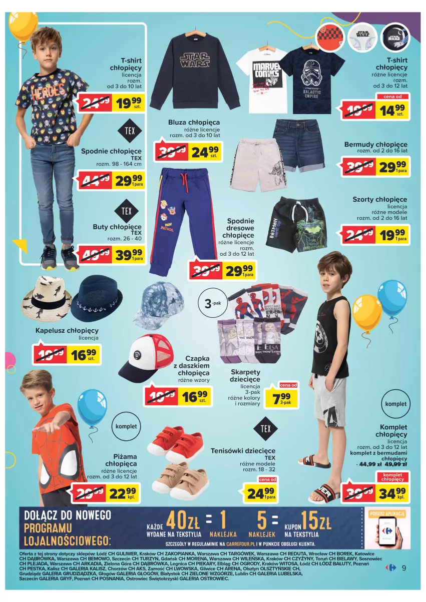 Gazetka promocyjna Carrefour - Gazetka Dzień Dziecka - ważna 16.05 do 01.06.2022 - strona 9 - produkty: Bermudy, Bluza, Buty, Czapka, Dres, Dzieci, Karp, Klej, Piżama, Spodnie, Spodnie dresowe, Szorty, T-shirt, Tenisówki