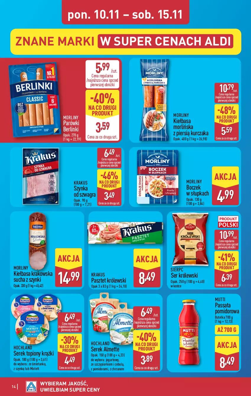 Gazetka promocyjna Aldi - Pełna oferta - ważna 10.11 do 15.11.2025 - strona 14 - produkty: Almette, Berlinki, Boczek, Chrzan, Gra, Hochland, Jogurt, Kiełbasa, Kiełbasa krakowska, Krakus, Królewski, Kurczak, Morliny, Parówki, Pasztet, Ser, Serek, Szynka, Top