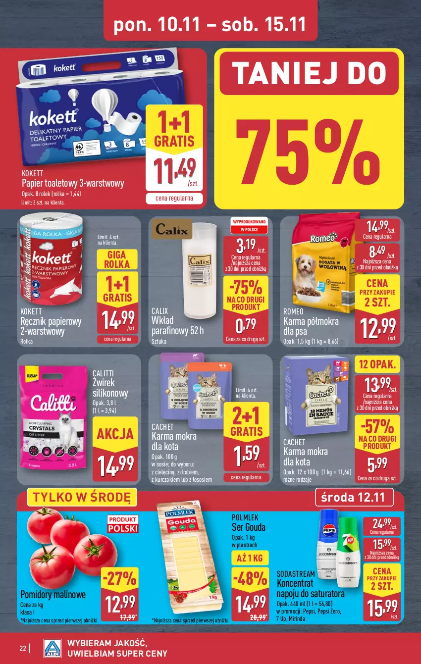 Gazetka promocyjna Aldi - Pełna oferta - ważna 10.11 do 15.11.2025 - strona 22 - produkty: Gouda, Gra, Kurczak, Mirinda, Papier, Papier toaletowy, Pepsi, POLMLEK, Pomidory, Ręcznik, Ser, Sos