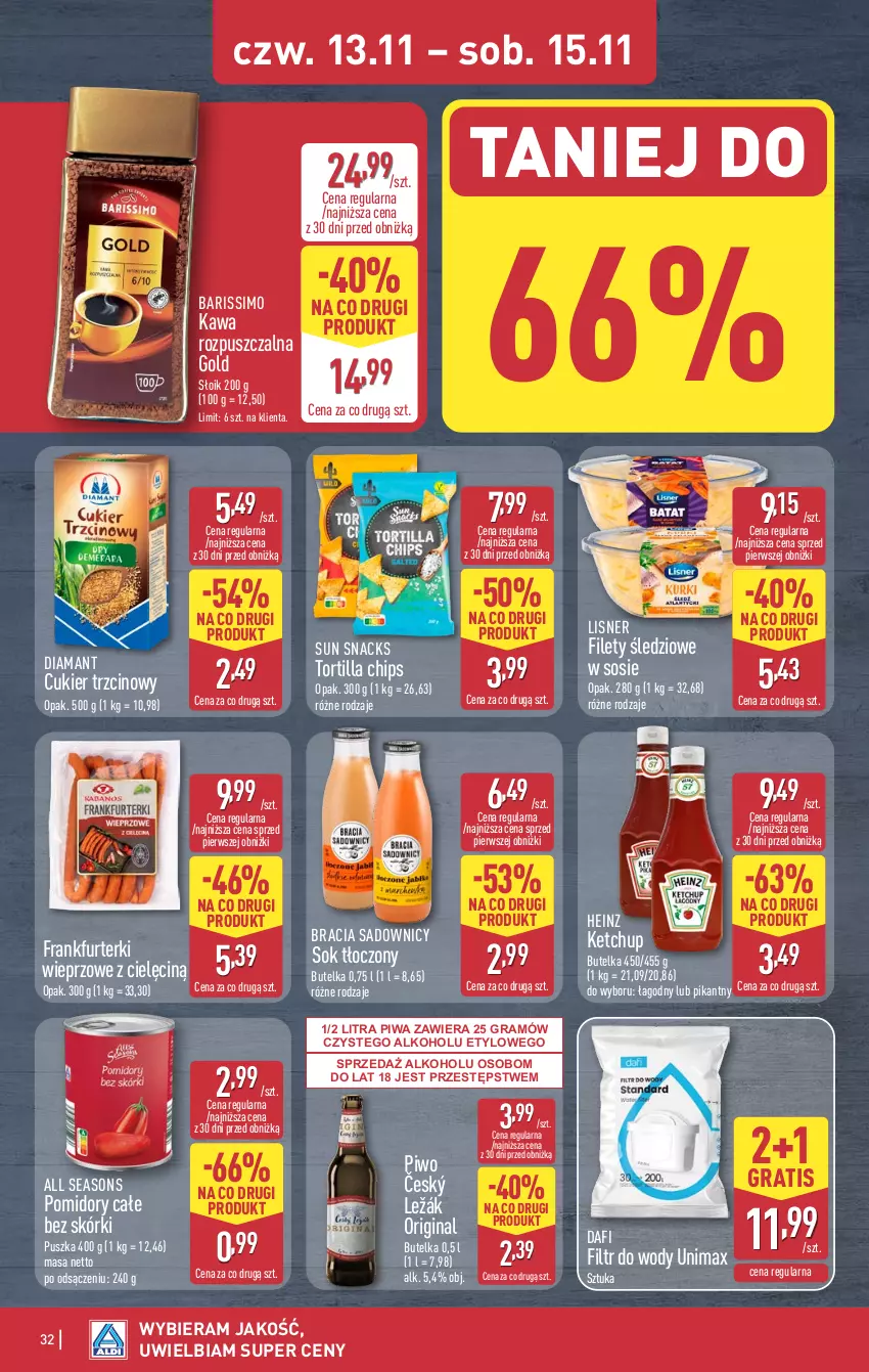 Gazetka promocyjna Aldi - Pełna oferta - ważna 10.11 do 15.11.2025 - strona 32 - produkty: All Seasons, Cukier, Cukier trzcinowy, Diamant, Frankfurterki, Gin, Gra, Heinz, Kawa, Kawa rozpuszczalna, Ketchup, Lisner, Piwa, Piwo, Pomidory, Sok, Sos, Tortilla, Tortilla Chips
