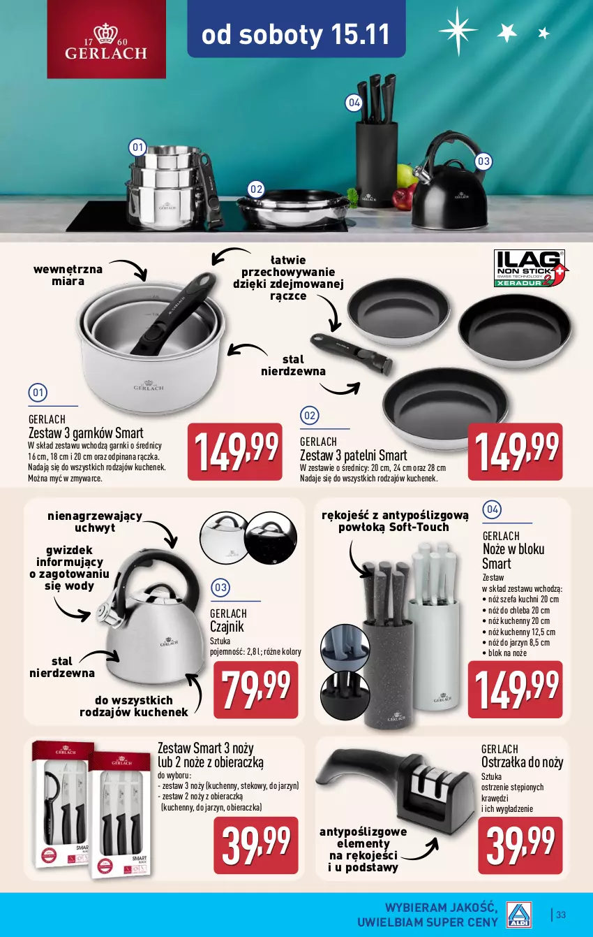 Gazetka promocyjna Aldi - Pełna oferta - ważna 10.11 do 15.11.2025 - strona 33 - produkty: Blok na noże, Chleb, Czajnik, Fa, Noż, Nóż do chleba, Nóż szefa kuchni, Obieraczka, Ostrzałka do noży, Stek