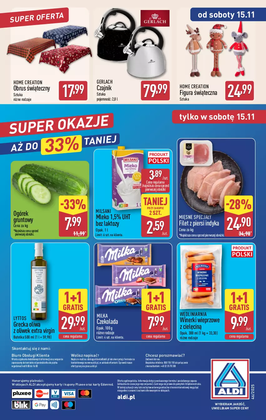 Gazetka promocyjna Aldi - Pełna oferta - ważna 10.11 do 15.11.2025 - strona 39 - produkty: Biuro, Czajnik, Czekolada, Filet z piersi indyka, Gin, Gra, Grunt, Mięsne specjały, Milka, Mleko, O nas, Obrus, Ogórek, Oliwa z oliwek, Por
