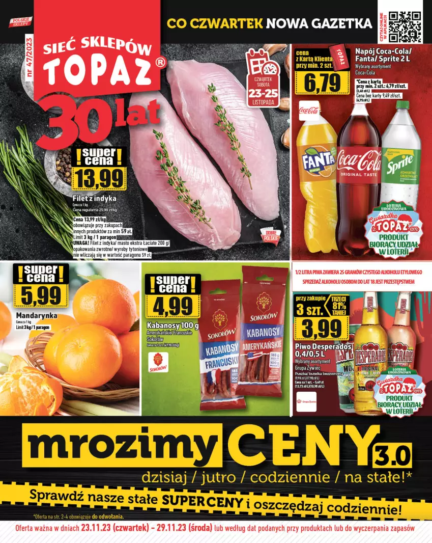 Gazetka promocyjna Topaz - Gazetka - ważna 23.11 do 29.11.2023 - strona 1 - produkty: Coca-Cola, Fa, Fanta, Gin, Gra, Kabanos, Masło, Mola, Napój, Piwa, Piwo, Sprite, Waga