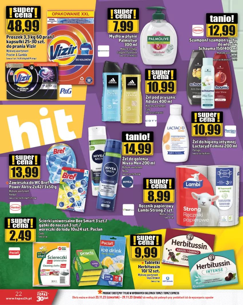 Gazetka promocyjna Topaz - Gazetka - ważna 23.11 do 29.11.2023 - strona 22 - produkty: Adidas, Bref, Colgate, Lactacyd, LG, Mleko, Mydło, Nivea, Palmolive, Papier, Ręcznik, Tablet, Top, Vizir, Woreczki do lodu, Zawieszka do wc, Zdrowie