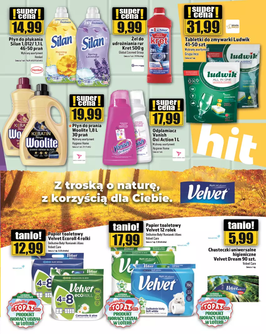 Gazetka promocyjna Topaz - Gazetka - ważna 23.11 do 29.11.2023 - strona 23 - produkty: Chusteczki, Ludwik, Mysz, Odplamiacz, Papier, Papier toaletowy, Płyn do prania, Rolki, Rum, Tablet, Tabletki do zmywarki, Velvet, Zmywarki