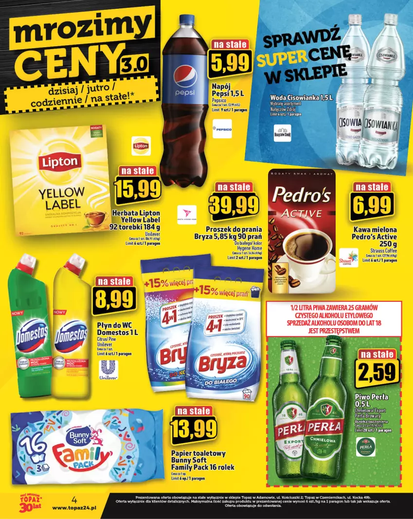 Gazetka promocyjna Topaz - Gazetka - ważna 23.11 do 29.11.2023 - strona 4 - produkty: Domestos, Fa, Gra, Herbata, Kawa, Kawa mielona, Lipton, Napój, Papier, Papier toaletowy, Pepsi, Perła, Piwa, Piwo, Płyn do wc, Por, Proszek do prania, Top