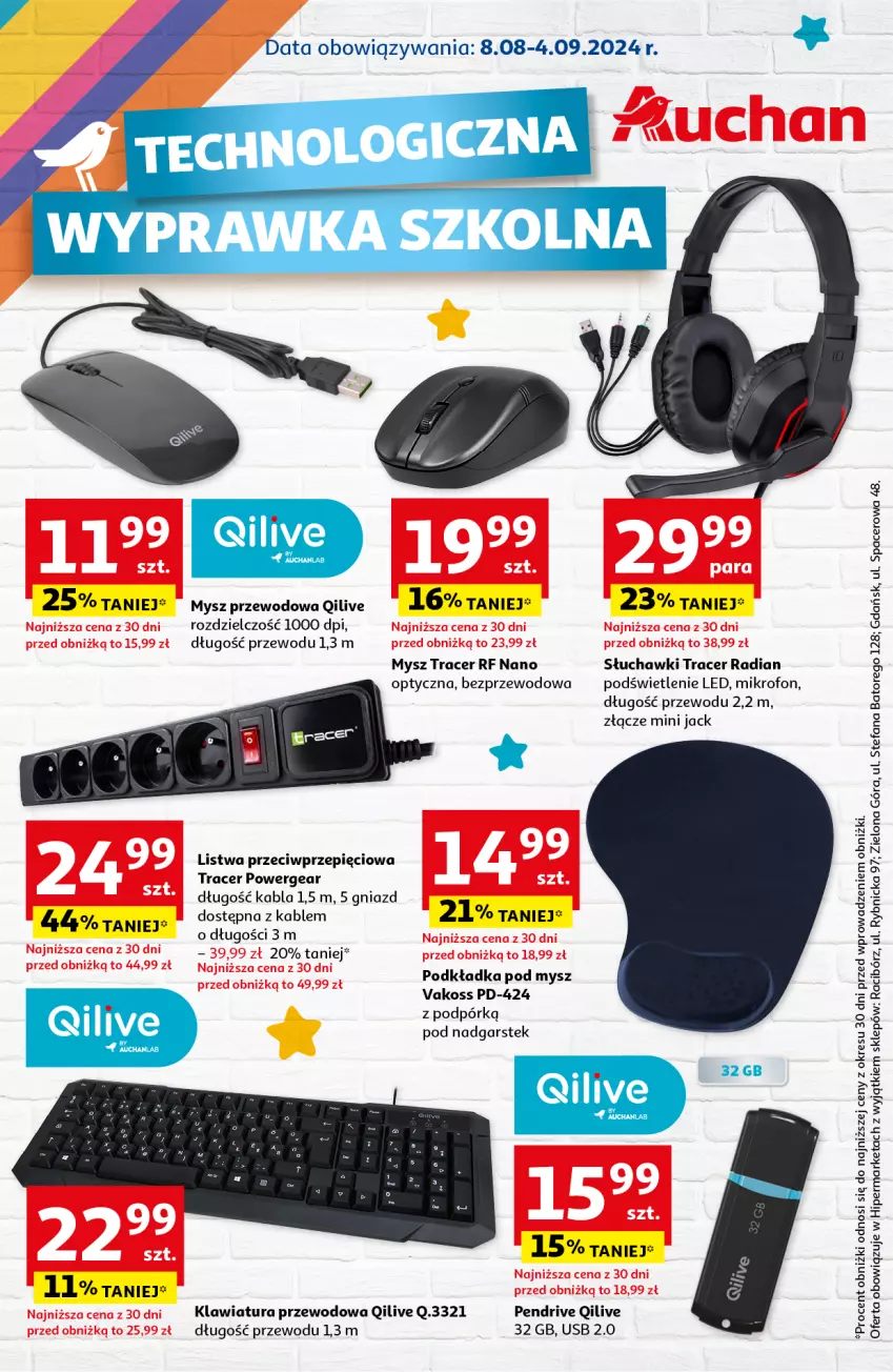 Gazetka promocyjna Auchan - Technologiczna wyprawka szkolna Hipermarket Auchan - ważna 08.08 do 04.09.2024 - strona 1 - produkty: Acer, Fa, Klawiatura, Listwa, Mikrofon, Mysz, Pendrive, Podkład, Podkładka, Podkładka pod mysz, Słuchawki