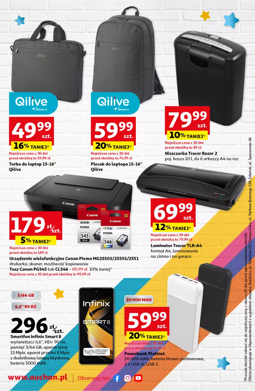 Gazetka promocyjna Auchan - Technologiczna wyprawka szkolna Hipermarket Auchan - ważna 08.08 do 04.09.2024 - strona 2 - produkty: Acer, Bateria, Canon, Drukarka, Fa, Kosz, Niszczarka, Plecak, Skaner, Smartfon, Top, Torba, Tusz, Urządzenie wielofunkcyjne