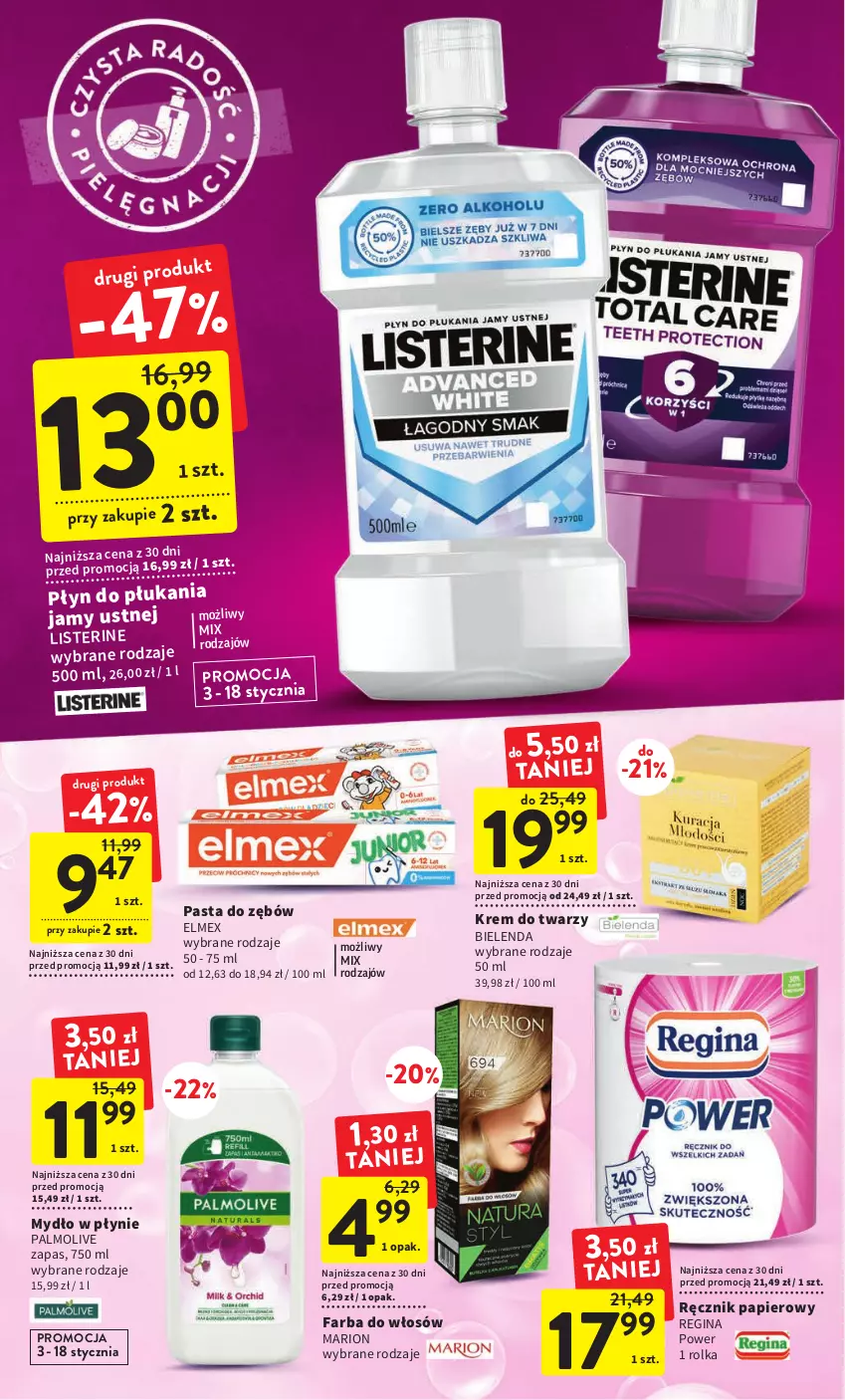 Gazetka promocyjna Intermarche - Gazetka Intermarche - ważna 03.01 do 11.01.2023 - strona 26 - produkty: Bielenda, Elmex, Fa, Farba do włosów, Gin, Krem do twarzy, Listerine, Mydło, Mydło w płynie, Palmolive, Papier, Pasta do zębów, Ręcznik