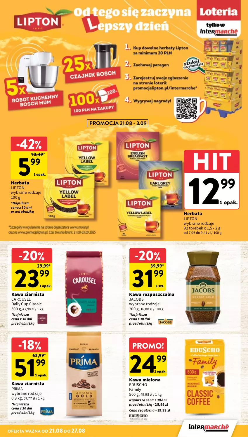 Gazetka promocyjna Intermarche - Gazetka Intermarche - ważna 21.08 do 27.08.2025 - strona 23 - produkty: Fa, Herbata, Jacobs, Kawa, Kawa mielona, Kawa rozpuszczalna, Kawa ziarnista, Lipton, Prima