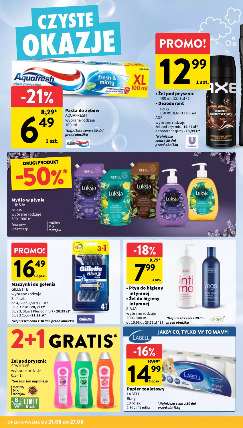 Gazetka promocyjna Intermarche - Gazetka Intermarche - ważna 21.08 do 27.08.2025 - strona 38 - produkty: Aquafresh, Bell, Dezodorant, Gillette, Gra, Luksja, Mydło, Mydło w płynie, Papier, Papier toaletowy, Pasta do zębów, Płyn do higieny intymnej, Ziaja