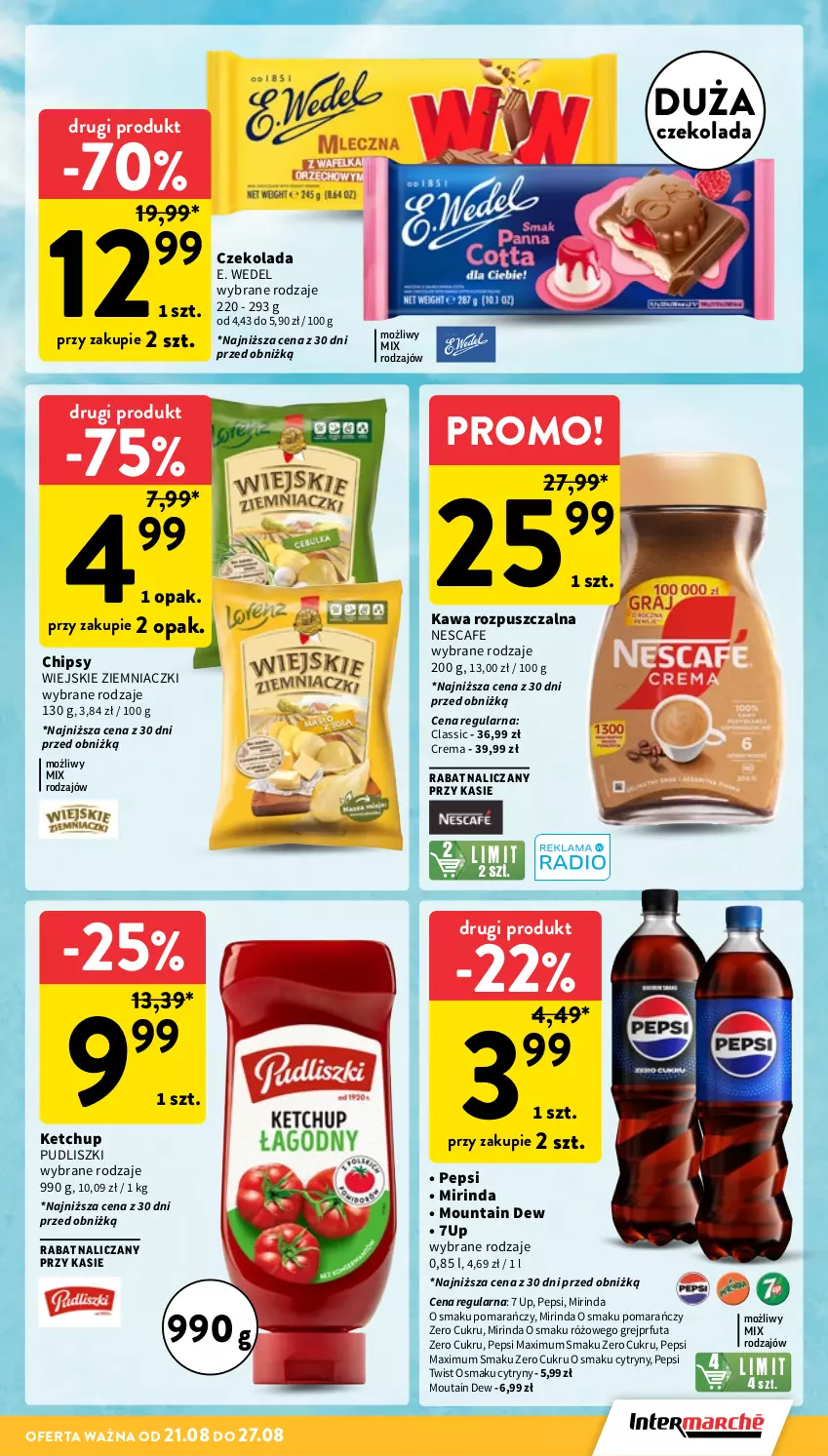 Gazetka promocyjna Intermarche - Gazetka Intermarche - ważna 21.08 do 27.08.2025 - strona 5 - produkty: 7up, Chipsy, Cytryny, Czekolada, E. Wedel, Kawa, Kawa rozpuszczalna, Ketchup, Mirinda, Pepsi, Pepsi max, Pudliszki