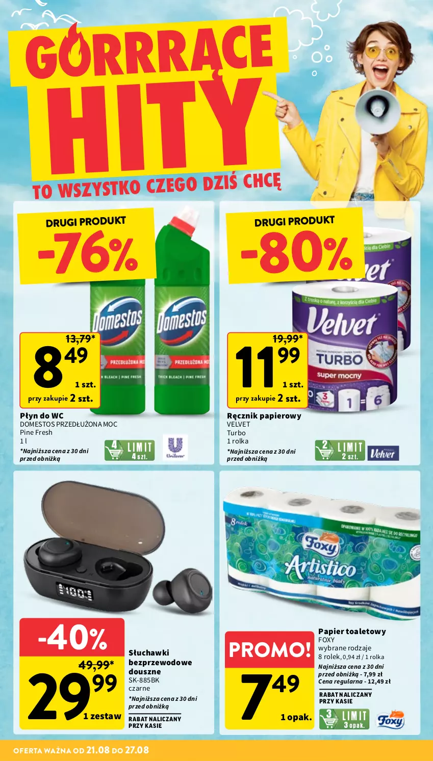 Gazetka promocyjna Intermarche - Gazetka Intermarche - ważna 21.08 do 27.08.2025 - strona 6 - produkty: Domestos, Foxy, Papier, Papier toaletowy, Płyn do wc, Ręcznik, Słuchawki, Słuchawki bezprzewodowe, Velvet