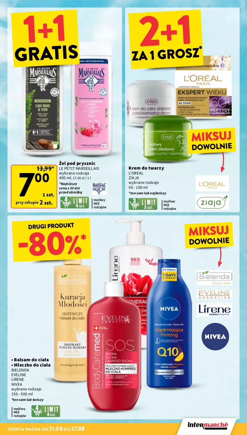 Gazetka promocyjna Intermarche - Gazetka Intermarche - ważna 21.08 do 27.08.2025 - strona 7 - produkty: Balsam do ciała, Bielenda, Eveline, Gra, Krem do twarzy, Lirene, Mars, Mleczko, Mleczko do ciała, Nivea, Ziaja
