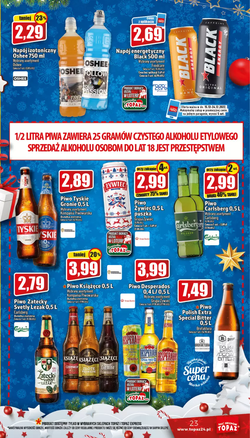 Gazetka promocyjna Topaz - Gazetka - ważna 15.12 do 24.12.2022 - strona 23 - produkty: Carlsberg, Desperados, Fa, Gra, Gry, Książęce, Lack, Napój, Napój izotoniczny, Noż, Oshee, Piwa, Piwo, Sok, Top