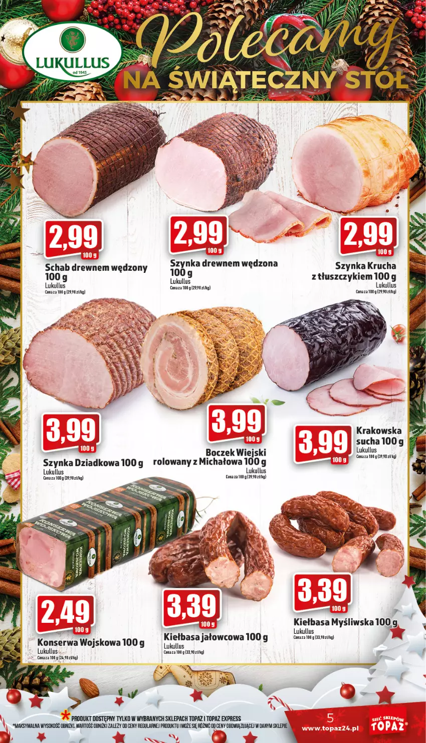 Gazetka promocyjna Topaz - Gazetka - ważna 15.12 do 24.12.2022 - strona 5 - produkty: Boczek, Kiełbasa, Ser, Szynka, Top